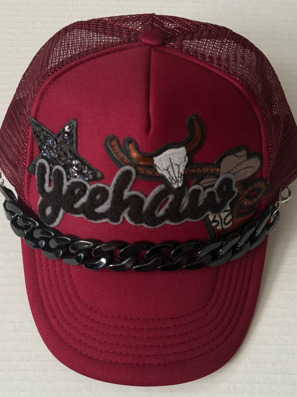 Yeehaw Trucker Hat Burgundy With Black Chain Unisex One Size Snap Back NWOT